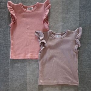 Mebie Baby Ruffle Tees Taupe & Rose 2T